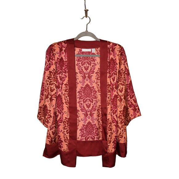 SUSAN GRAVER NEW $57 Printed Woven Open Front Cardigan Pink/Burgundy‎ PS - Picture 1 of 4